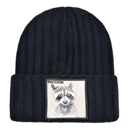 Black ribbed knit beanie with embroidered raccoon patch, cozy unisex winter hat for autumn and winter, SKU: 14:1254