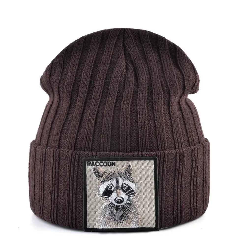 Brown knitted beanie with raccoon patch, warm unisex winter hat, ribbed design, ideal for cold weather, SKU: 14:1254