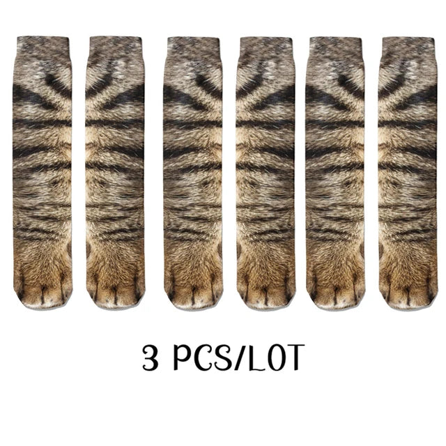 3 Paar Tiere-Katzensocken, Unisex, 3D-gedruckt, lustiger Tiger, Leopardenpfote, mittlere Röhrensocken, modisches glückliches Geschenk, Kombination weiblich