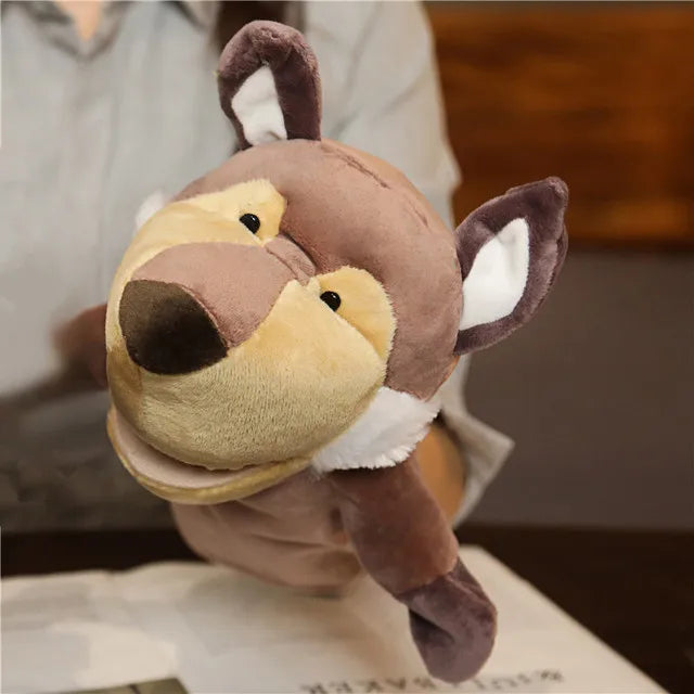 Tier Plüsch Puppe Weiche Stofftiere Löwe Elefant Hund Dinosaurier Hai Wolf Ente Kawaii Hand Finger Puppe Für Baby Kinder Mädchen