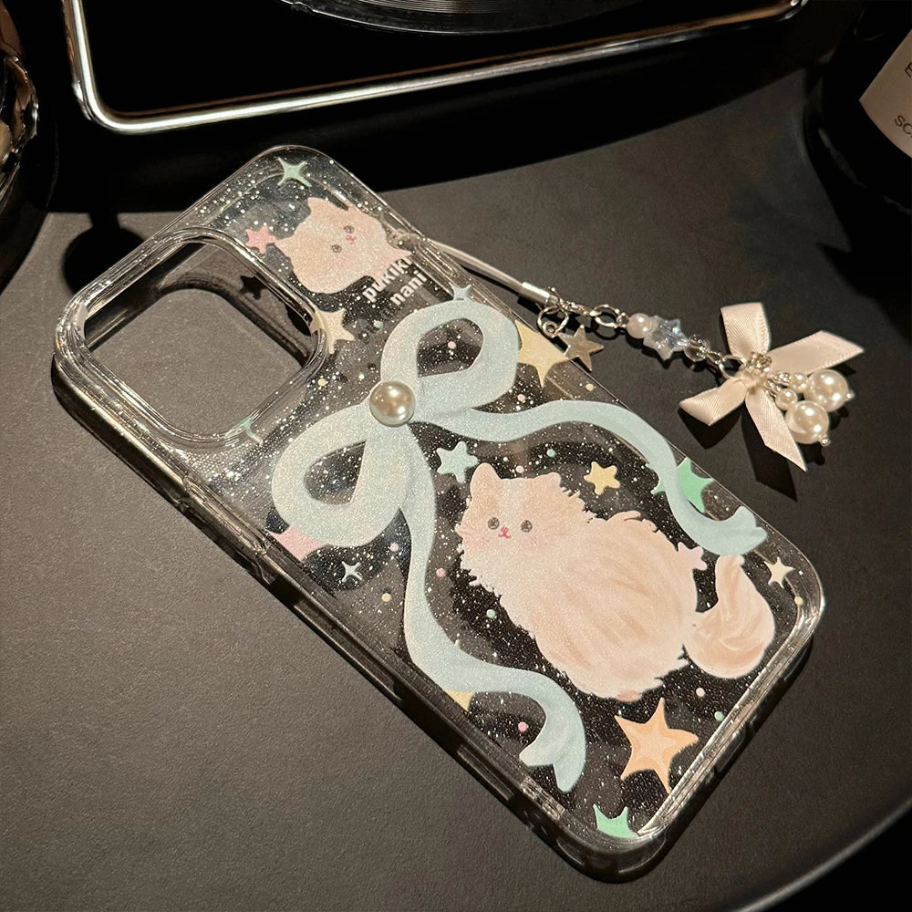 Cartoon-Katzenhülle für iPhone 11, 12, 13, 14 Plus, 15 Pro MAXS, Perlen-Handyhülle, glänzende Schleife, Lanyard, stoßfeste Stoßstangenabdeckung