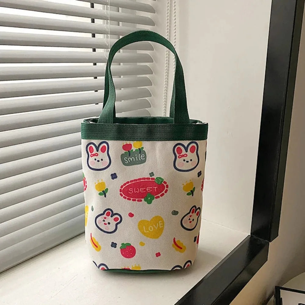 Bucket Bag Portable Cute Animal Pattern Graffiti Handbag Cartoon Print Cylindrical Bag Canvas Bento Bag Handheld Lunch Box Bag Petoria Store