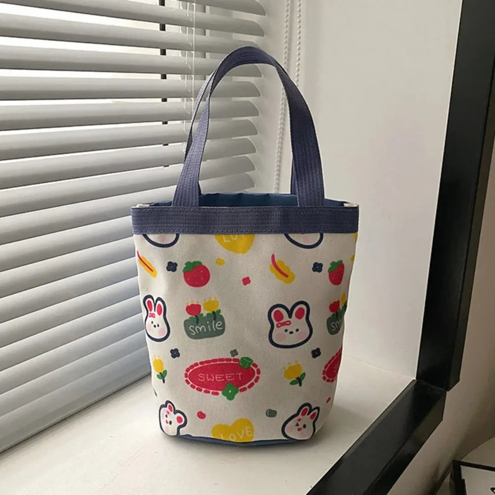 Bucket Bag Portable Cute Animal Pattern Graffiti Handbag Cartoon Print Cylindrical Bag Canvas Bento Bag Handheld Lunch Box Bag Petoria Store