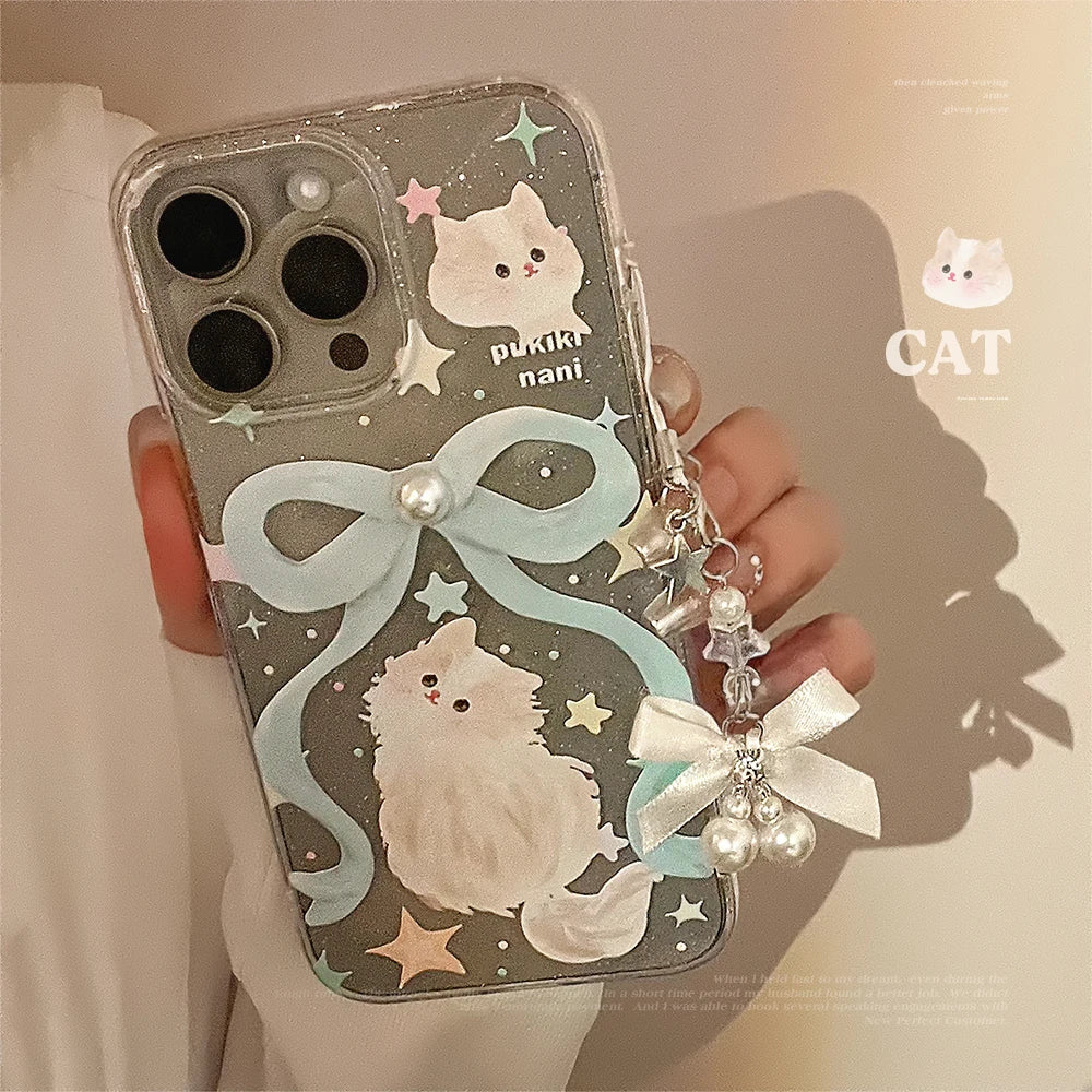 Cartoon-Katzenhülle für iPhone 11, 12, 13, 14 Plus, 15 Pro MAXS, Perlen-Handyhülle, glänzende Schleife, Lanyard, stoßfeste Stoßstangenabdeckung