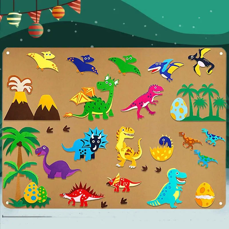 Vibrant felt dinosaur-themed educational board featuring various dinosaurs, volcanoes, palm trees, and eggs, suitable for kids&