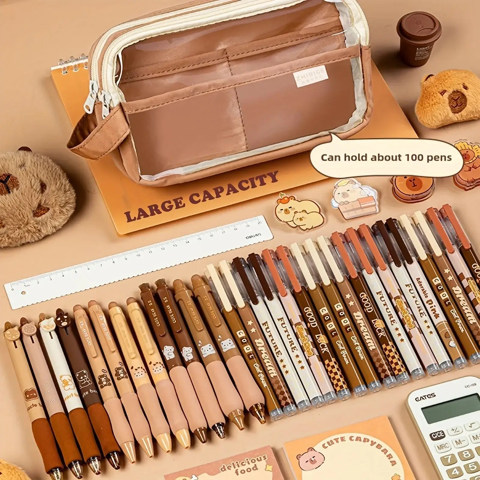 Petoria® Capybara Federmäppchen mit Fächern – Transparenter Organizer für Schule &amp; Büro