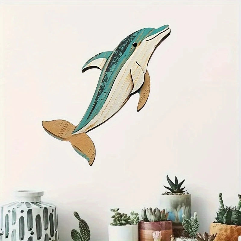 1pcs Wooden Retro Whale Dolphin Wall Decoration 2D Flat Print Exquisite Marine Animal Wooden Pendant Interior Design Decoration Petoria Store