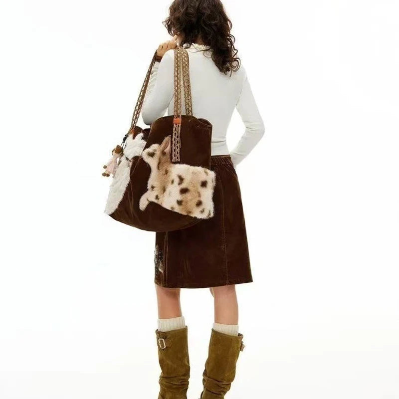 Cute Retro Puppy Tote Bag Women Leather Texture Plush Large Capacity Shoulder Bag Ladies Fashion Casual Versatile Crossbody Bags Petoria Store