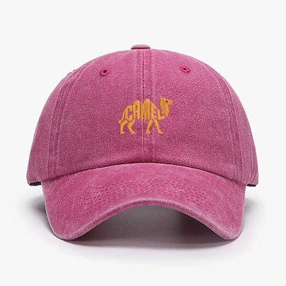 Pink vintage cotton baseball cap with embroidered camel logo, adjustable unisex design, ideal for casual outdoor wear