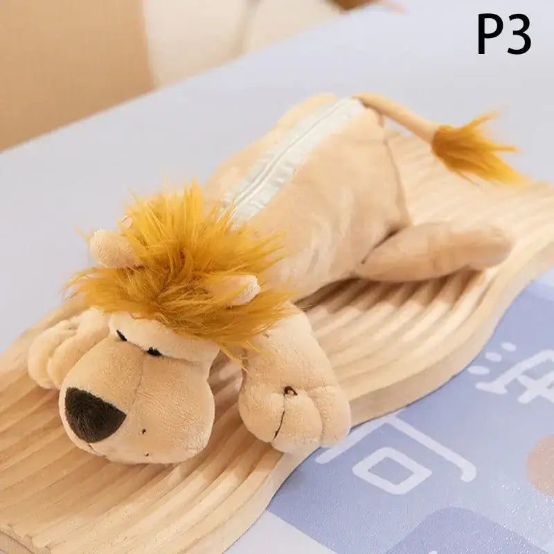 Cream plush lion pencil case with soft material, zipper closure, 30cm length, ideal for kids&