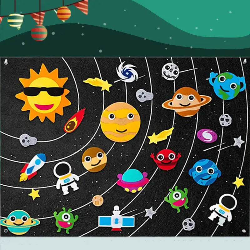 Colorful felt space-themed mobile with smiling planets, stars, rockets, and astronauts on a black background, ideal for children&