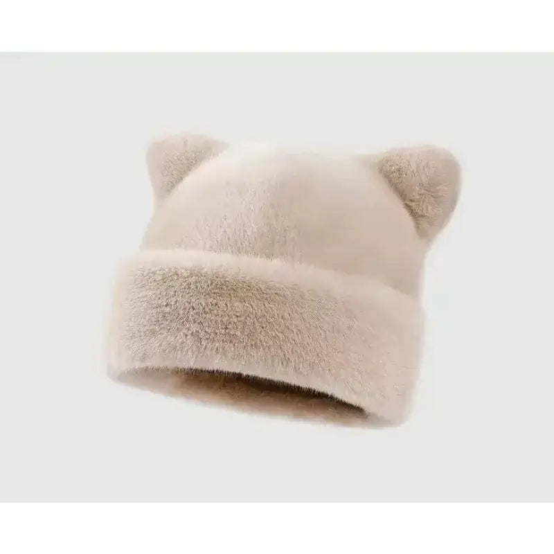 Beige teddy beanie with small cat ears, made of cozy plush material, ideal for cold weather, SKU: 14:200001438