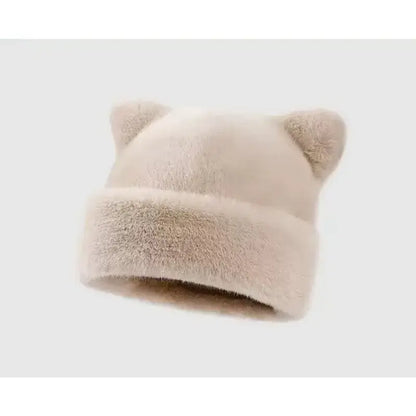 Beige teddy beanie with small cat ears, made of cozy plush material, ideal for cold weather, SKU: 14:200001438