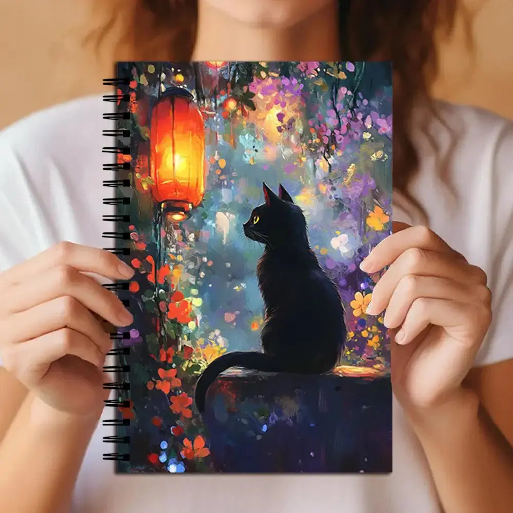 Magisches Katzen-Notizbuch mit einer geheimnisvollen Katze unter einer Laterne in lebendigen Farben.