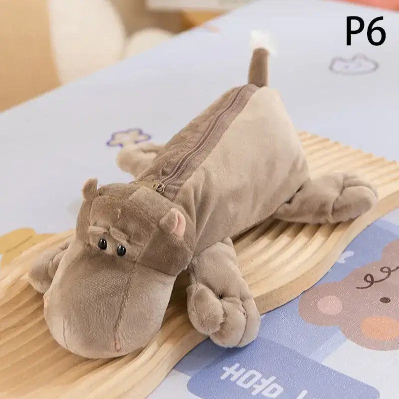 Beige plush hippopotamus pencil case with soft fabric, zipper closure, 30cm length, suitable for school and travel use.