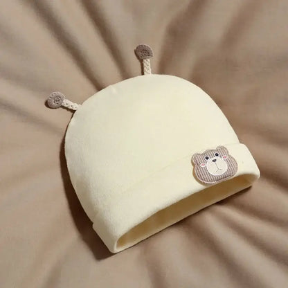 Yellow baby hat with bear patch, cozy fleece fabric, with bear ears, perfect for infants, SKU: 14:29