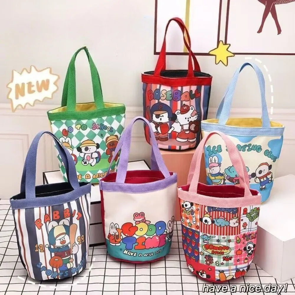 Bucket Bag Portable Cute Animal Pattern Graffiti Handbag Cartoon Print Cylindrical Bag Canvas Bento Bag Handheld Lunch Box Bag Petoria Store