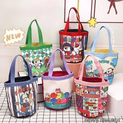 Bucket Bag Portable Cute Animal Pattern Graffiti Handbag Cartoon Print Cylindrical Bag Canvas Bento Bag Handheld Lunch Box Bag Petoria Store