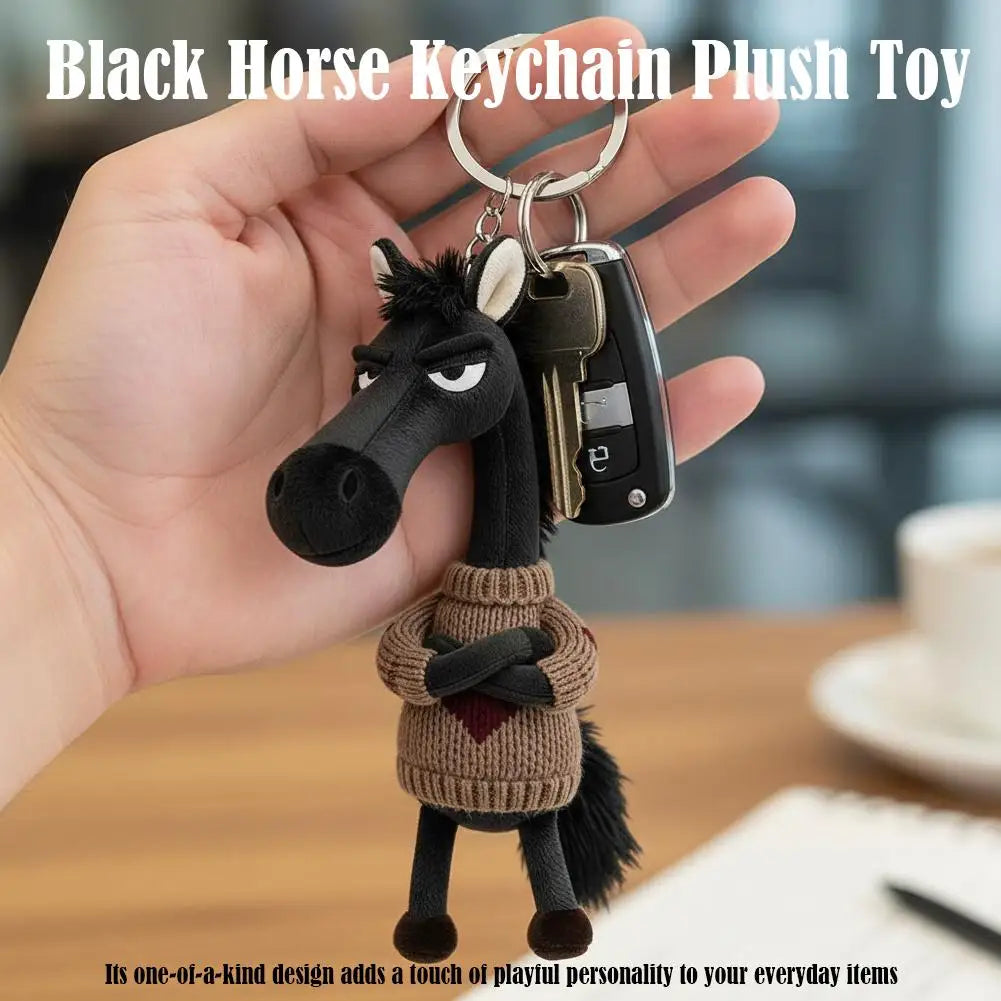 Cooles schwarzes Pferde-Plüschtier mit Pullover 2026 Pferde-Maskottchen Schlüsselanhänger Aloof Dark Horse Taschenanhänger Rucksackanhänger Geschenk