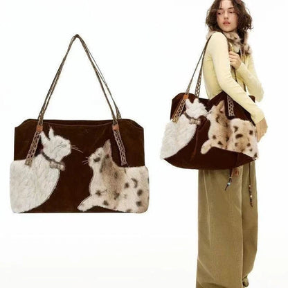 Cute Retro Puppy Tote Bag Women Leather Texture Plush Large Capacity Shoulder Bag Ladies Fashion Casual Versatile Crossbody Bags Petoria Store
