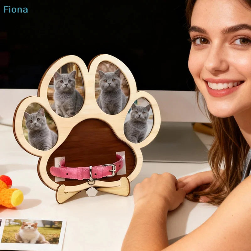 ♤Paw-Shaped Pet Photo Frame - Wooden Multi-Photo Display with Collar Holder for Cat/Dog Lovers Petoria Store