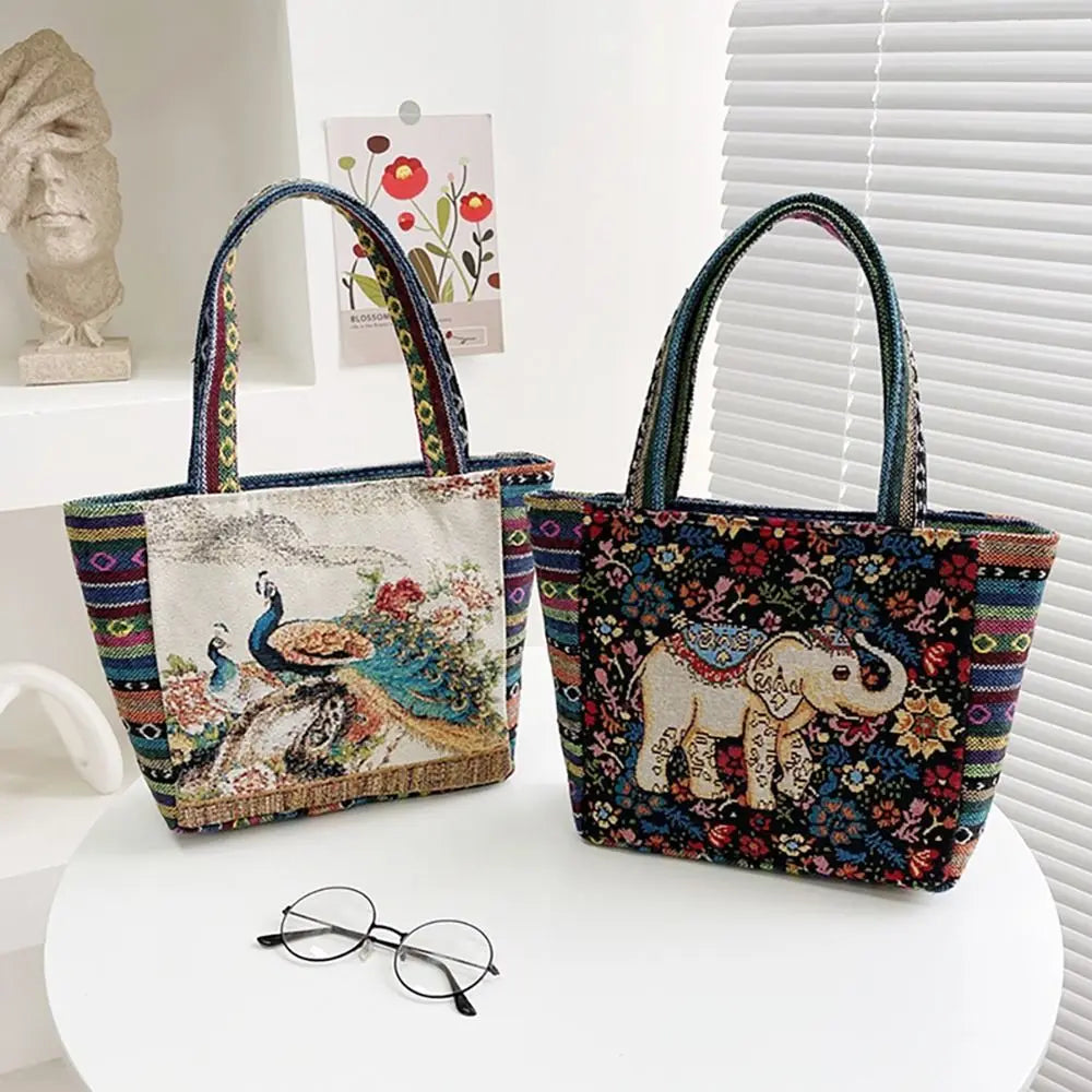 1 Stück Tier ethnischen Stil Handtasche trend ige Stickerei Elefant Pfau Handtasche Kaninchen Leinwand Einkaufstasche Aufbewahrung tasche