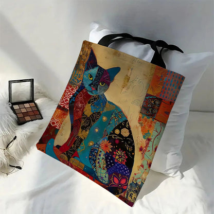 Ethnic Flower Cat Pattern Tote Bag, Aesthetic Canvas School Shoulder Bag, Lightweight Grocery Shopping Bag Petoria Store