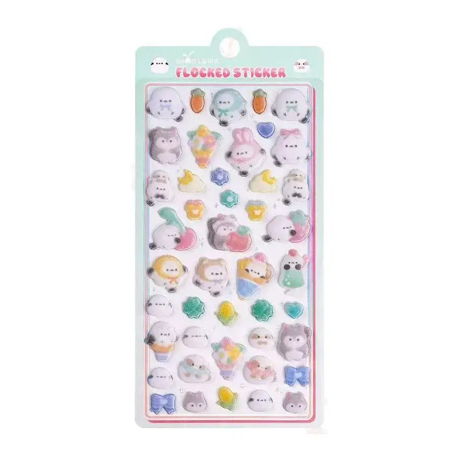 Close-up of a sheet of Petoria® Puffy animal stickers featuring cute bears, pandas, and other animals in pastel colors, ideal for decorating projects.