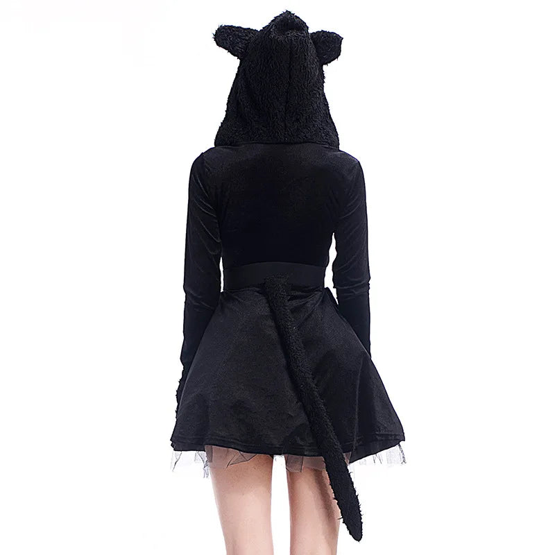 Halloween Sexy Tier Schwarze Katze Kostüm Cosplay Tier Outfit Kleid Mit Kapuze Mit Krallen Schwanz Karneval Zeigen Bühne Party Kleidung