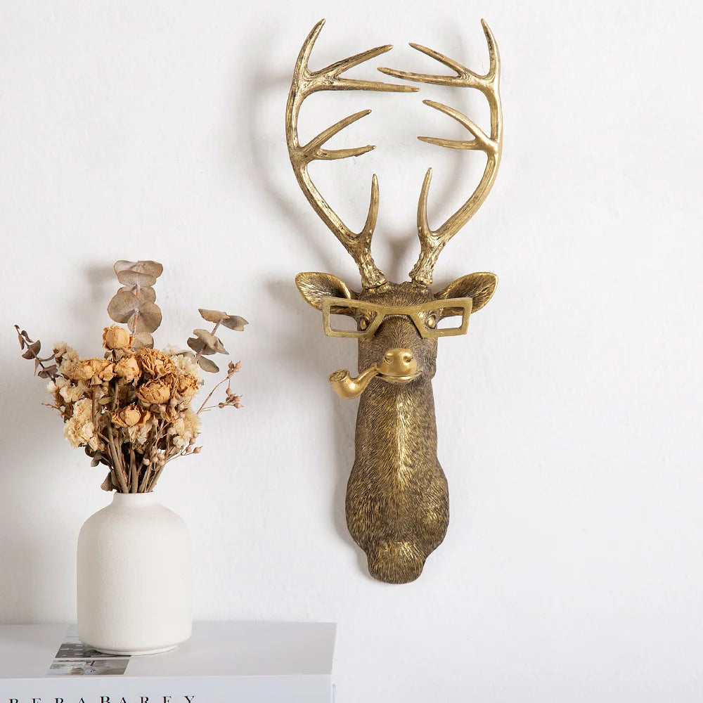 Antique Bronze Resin Animal Pendant Golden Deer Head Wall Storage Hook Up Background Wall Accessories Decorative Figurines Petoria Store
