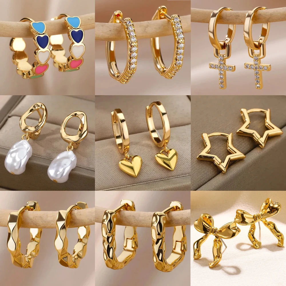 Herz Edelstahl Ohrringe für Frauen Zirkon Gold Farbe Creolen Ästhetische Wasserdichte Ohr Piercing Schmuck Zubehör
