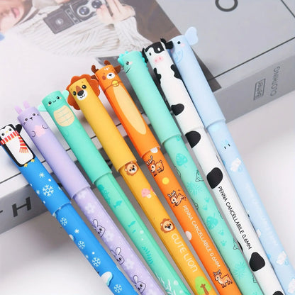 Radierbare Gelstifte mit Tiermotiven von Petoria in verschiedenen Farben und Designs auf einem Tisch.