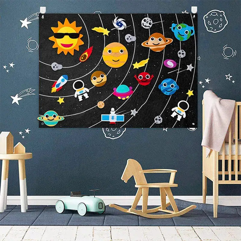 Bright zoo-themed felt board with various animals like lions, elephants, and zebras, designed for educational animal recognition.