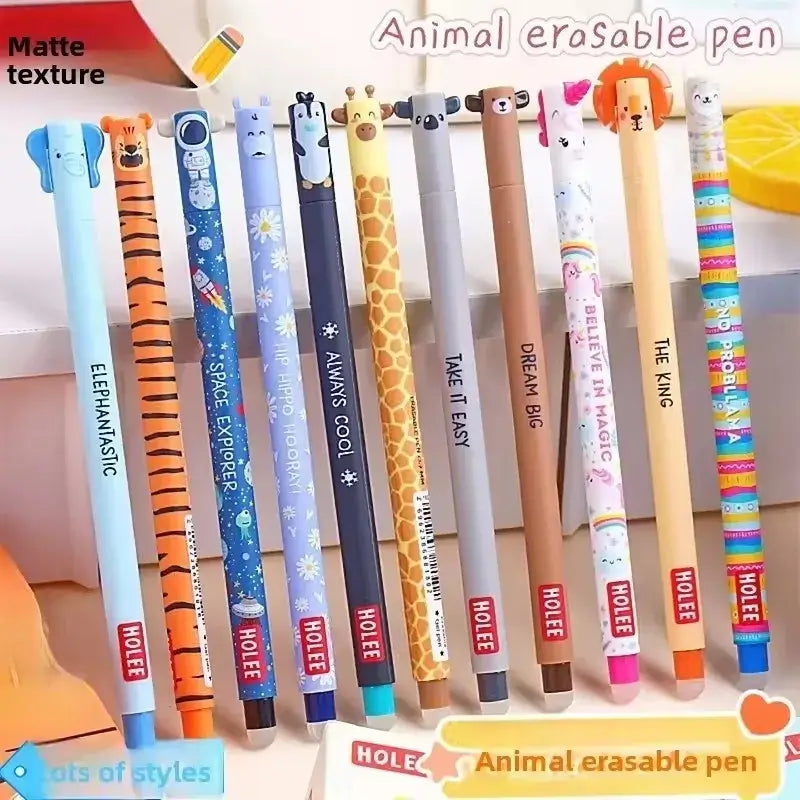 Assorted animal erasable gel pens with matte texture, featuring colorful designs like tiger, giraffe, and bear, perfect for writing