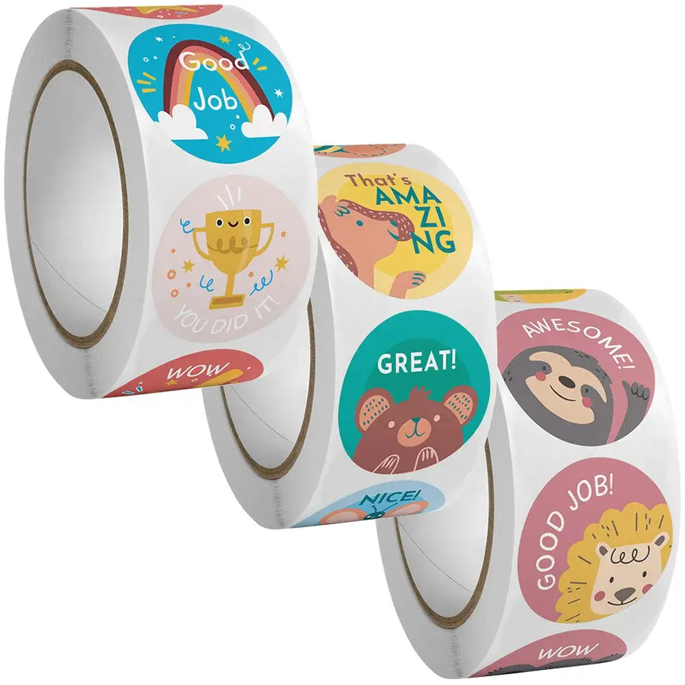 Colorful reward stickers with cute animal and motivational designs, 2.5cm diameter, ideal for children&