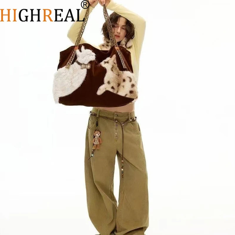 Cute Retro Puppy Tote Bag Women Leather Texture Plush Large Capacity Shoulder Bag Ladies Fashion Casual Versatile Crossbody Bags Petoria Store