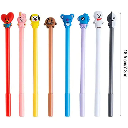 Colorful gel pens with cute animal-shaped toppers in red, pink, yellow, brown, blue, purple, white, and black, 18.5 cm long for writing and drawing.