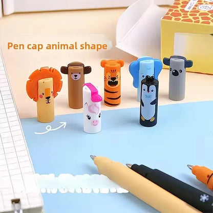 Animal-shaped pen caps in various cartoon designs, including lion, monkey, tiger, and panda, used to decorate and protect gel pens.