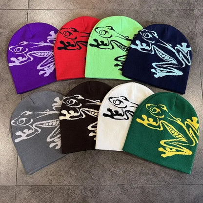 Colorful collection of unisex knitted beanies with dragon design in purple, red, green, navy, gray, black, white, and red, suitable for winter.