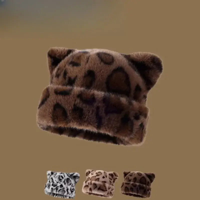 Leopard print teddy beanie with cat ears made of soft plush material, in khaki color, perfect for winter warmth, SKU: 14:200001438