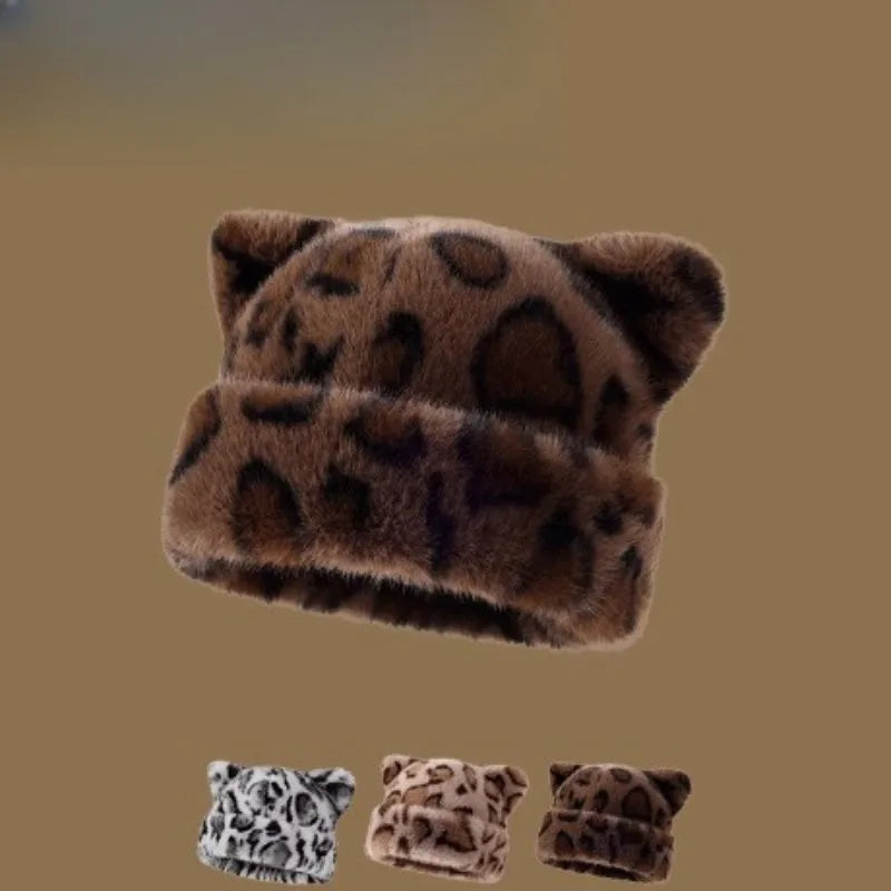 Plüsch-Teddybär-Mütze mit Leopardenmuster für Damen, süß und niedlich, dick und warm, retro und vielseitig, Kapuzenmütze.