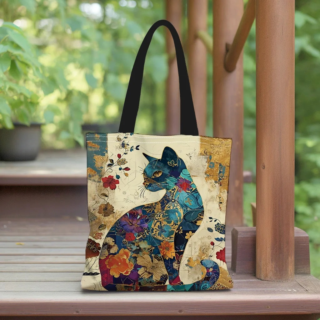 Floral Cat Pattern Tote Bag, Aesthetic Canvas School Shoulder Bag, Lightweight Grocery Shopping Bag Petoria Store