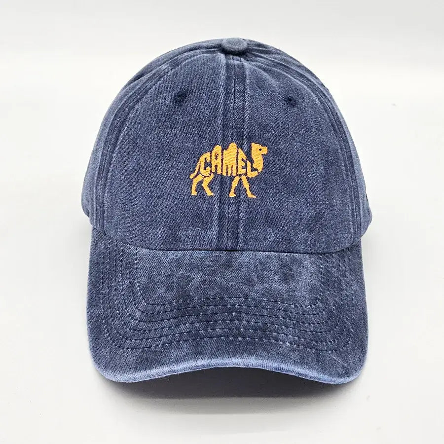 Vintage cotton baseball cap in sapphire blue with embroidered camel logo, adjustable unisex design for outdoor and casual wear