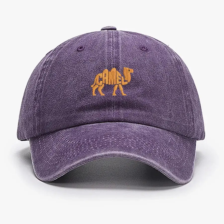 Purple vintage cotton baseball cap with embroidered camel logo, adjustable unisex design for outdoor activities and casual outfits