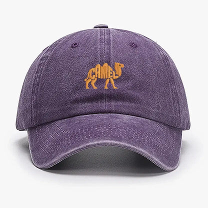 Purple vintage cotton baseball cap with embroidered camel logo, adjustable unisex design for outdoor activities and casual outfits