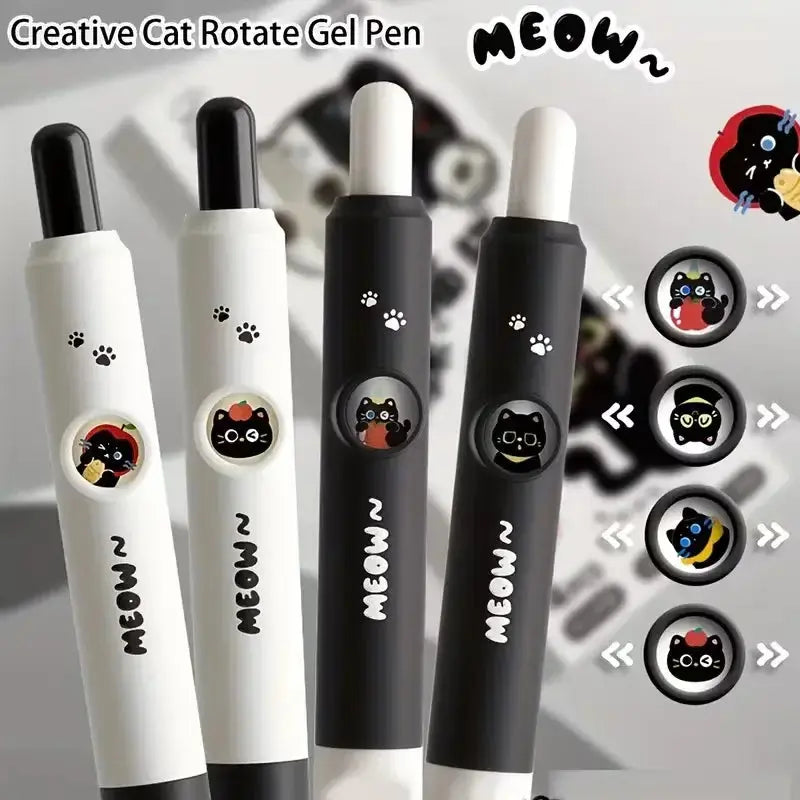Gelstifte Katzenmotiv Set 4er in verschiedenen Farben mit kreativen Katzen-Designs und rotierbaren Spitzen.