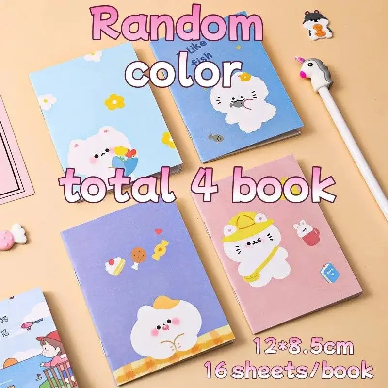 Kawaii Cartoon Mini-Notizbücher in bunten Farben, 4 verschiedene Bücher mit charmanten Motiven und 16 Seiten pro Buch.