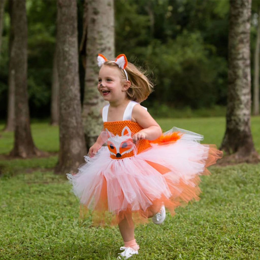 Tierkleid Fuchs Süßes Mädchen Gaze Rock Tutu Kleid Halloween Thema Geburtstag Party Kostüm mit Blumen Stirnband Bühnenkleidung