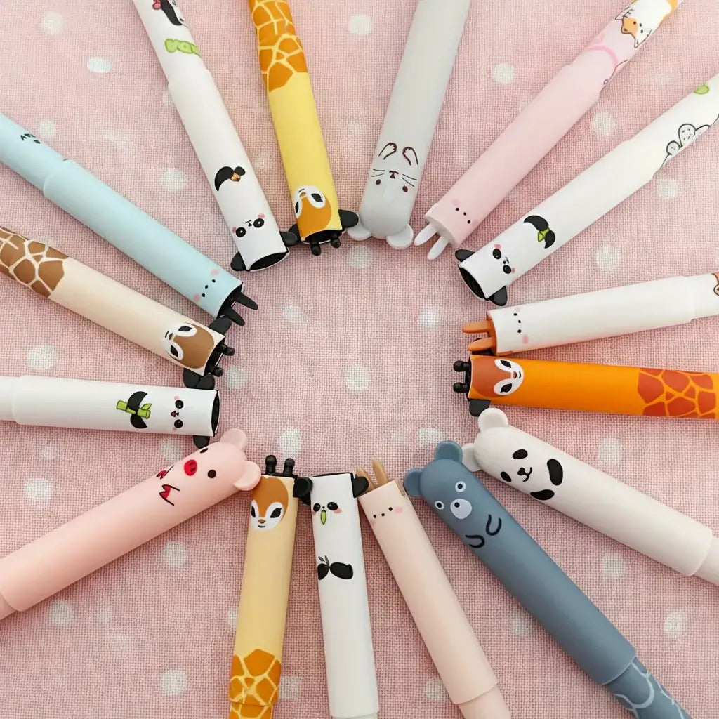 Set of radierbare Gelstifte mit Tiermotiven in pastel colors, featuring giraffe, panda, and bear designs, ideal for school and office use