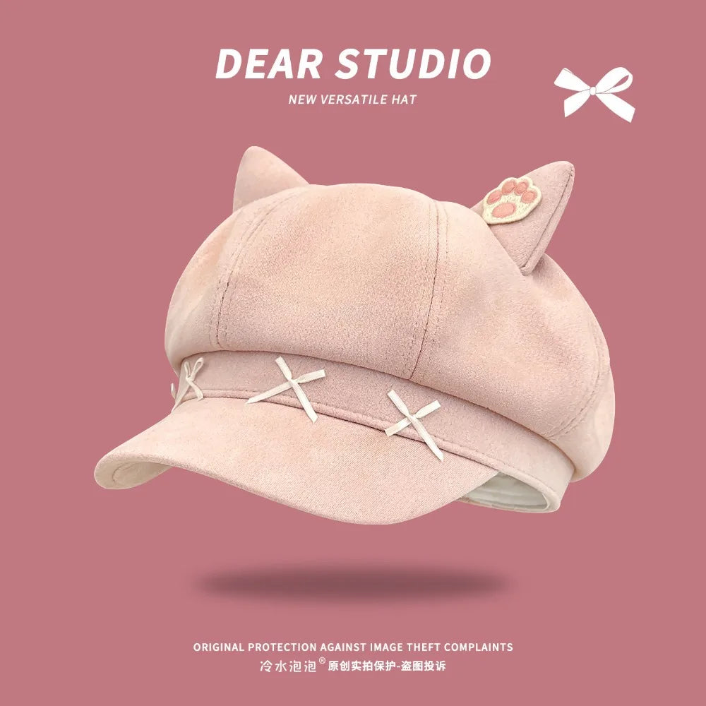 Cute Cat Ear Beret Cap Warm Bow Winter Hat Claw Pattern Painter Beret Hat Women Petoria Store